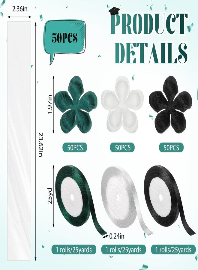 Yexiya 50 Sets Graduation Candy Lei Making Kit 23 Inch Transparent Plastic Cellophane Bags, Including 150 Tricolor Petals and 3 Rolls Ribbon Congrats Grad Candy Wreath Gift for Party(Dark Green) - Image 2
